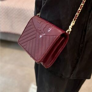 Tory Burch Quilted Burgundy Patent Leather Crossbody with Gold Chain